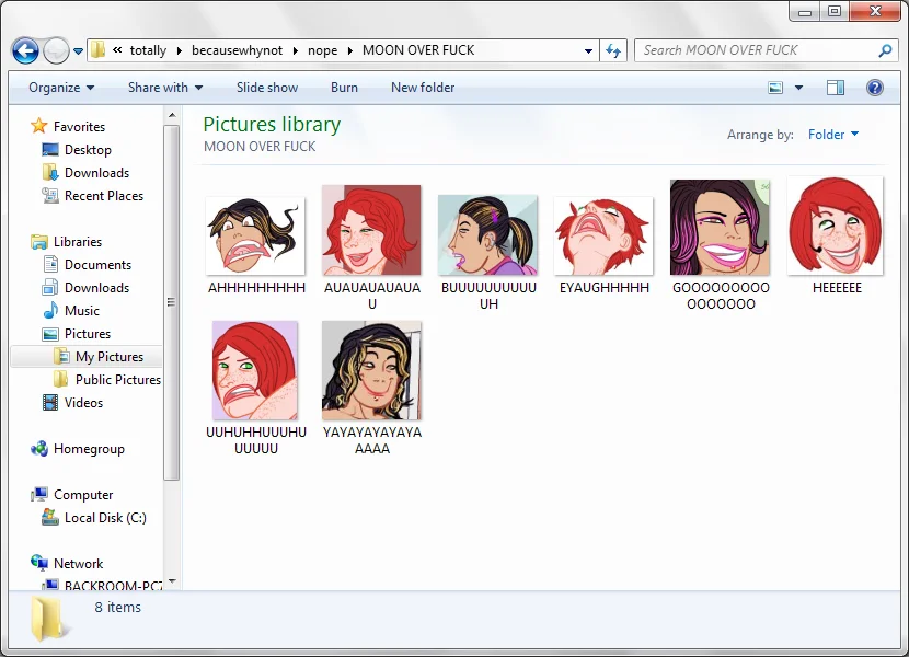 Windows Explorer folder screenshot containing Moon Over June face images with onomatopoeic filenames