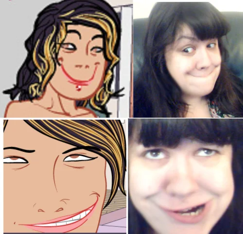 Side-by-side comparison of Moon Over June cartoon faces and real-life recreations