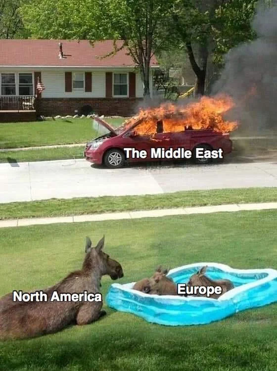 Moose Family in Kiddie Pool Watching Car Fire — Geopolitical meme labeling regions on the moose and burning car composite
