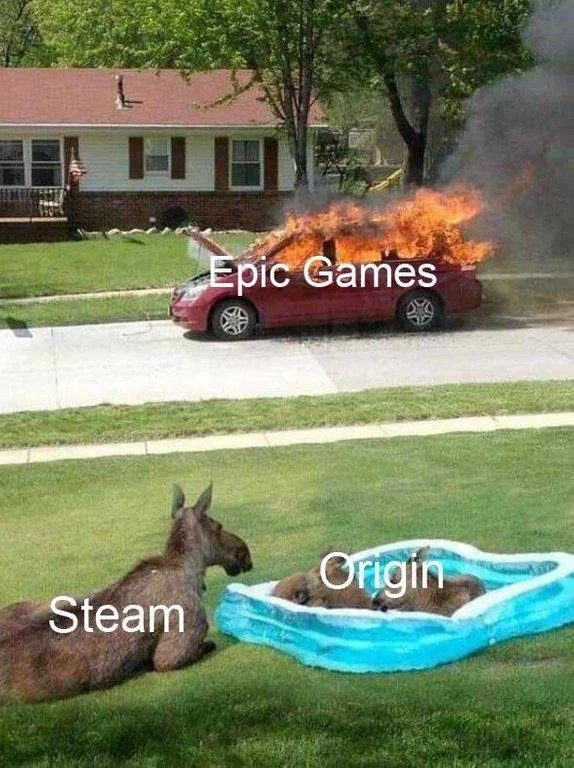 Moose Family in Kiddie Pool Watching Car Fire — PC gaming storefront meme labeling Steam, Epic Games, and Origin on the composite
