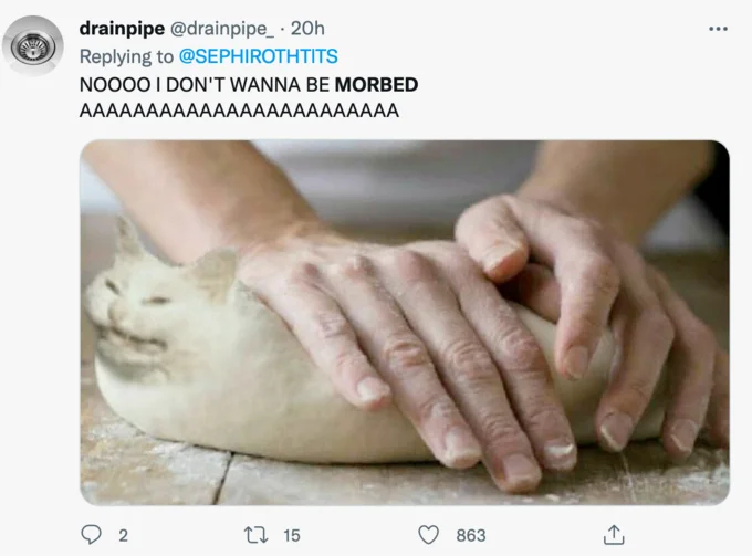 Twitter screenshot with panicked 'I DON'T WANNA BE MORBED' paired with bread kneading image.