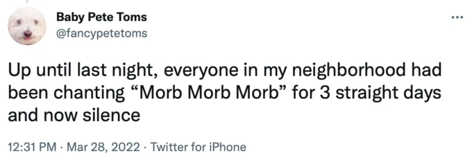 Twitter screenshot describing absurdist scenario of neighbors chanting 'Morb' for days.