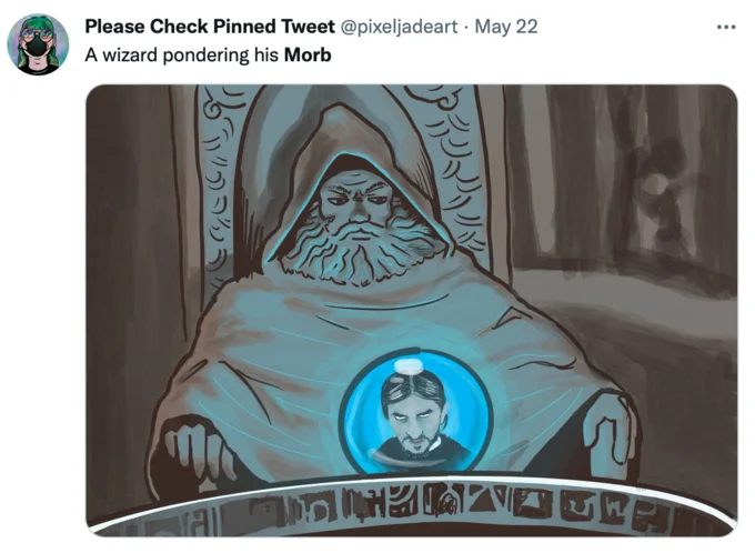 Twitter illustration of wizard gazing into crystal ball containing Morbius face.