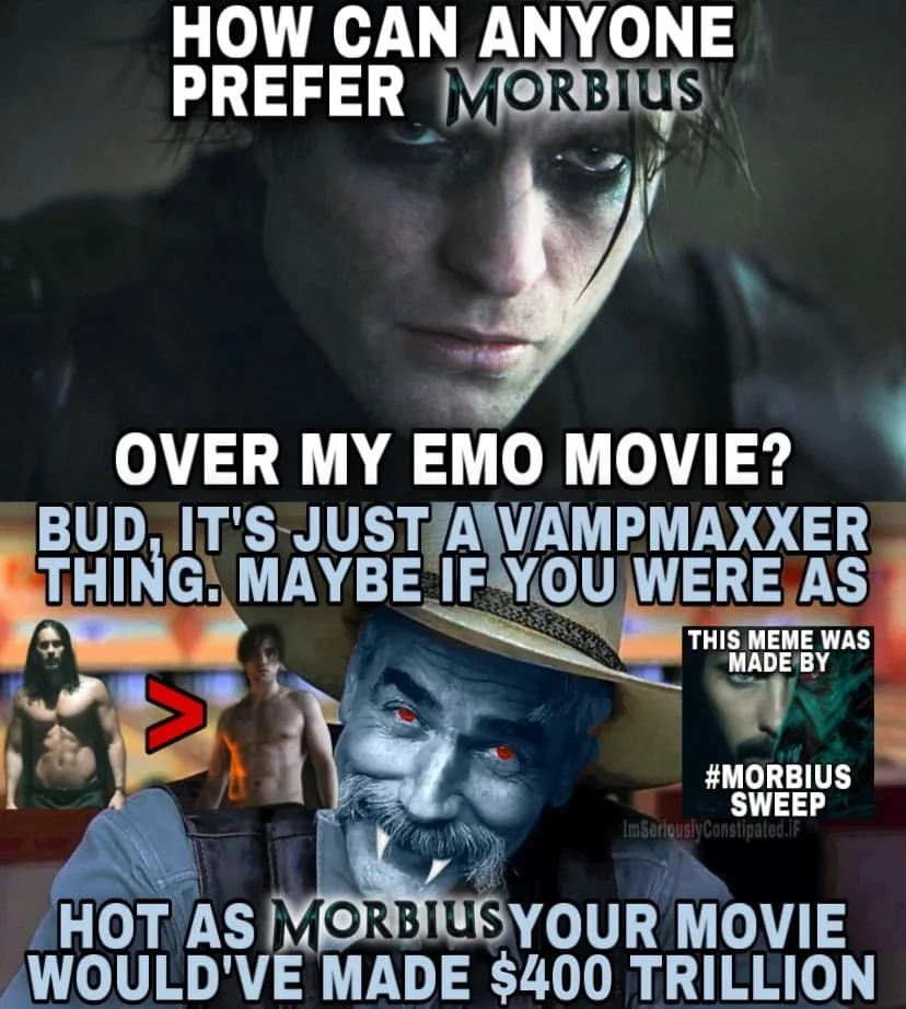 Composite meme labeled '#MORBIUS SWEEP' with satirical text comparisons.