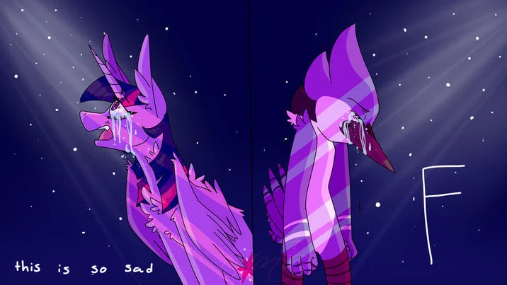Mordetwi — Painterly dark art of crying Twilight Sparkle and Mordecai with 'this is so sad' caption