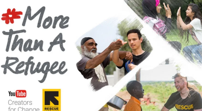 Promotional graphic reading '#More Than A Refugee' with photos of refugees and YouTube Creators for Change and International Rescue Committee logos.