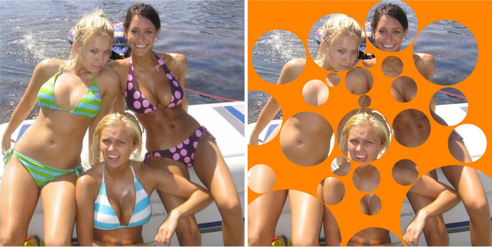 Mormon Porn — Side-by-side of bikini photo and its bubble-censored version
