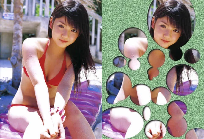 Mormon Porn — Red bikini gravure model next to green bubble-censored version