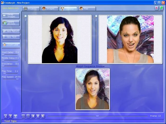 FaceMarph software screenshot showing three stages of facial morphing transformation.