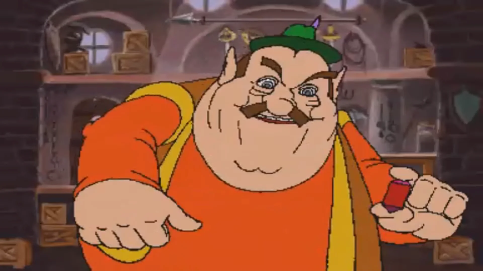 HD screenshot of Morshu from Link: The Faces of Evil holding a bomb in his shop
