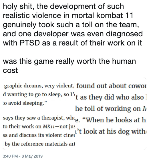 Mortal Kombat 11 PTSD Controversy — Tweet reacting to Mortal Kombat 11 developer PTSD news dated 8 May 2019