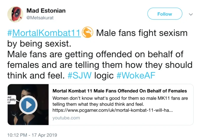 Tweet by Mad Estonian mocking Mortal Kombat 11 male fans for the female character redesigns controversy
