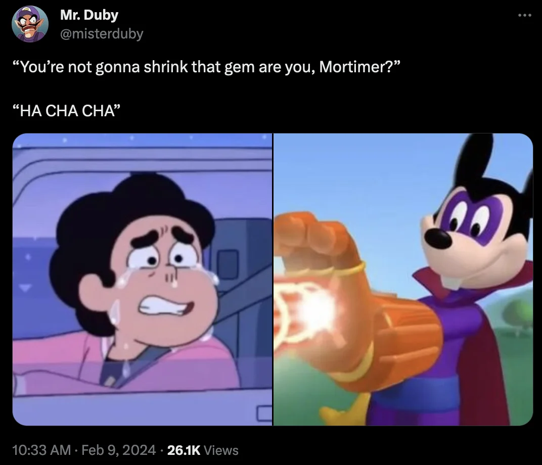 Mortimer Mouse's "Ha Cha Cha" — Tweet from Mr. Duby pairing crying Steven Universe with Mortimer Mouse firing his orange gauntlet