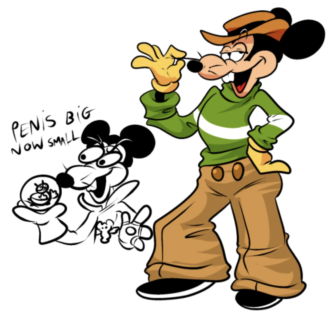 Mortimer Mouse's "Ha Cha Cha" — Fan art of Mortimer Mouse next to a sketch of classic Mortimer holding a shrunken figure with crude handwritten caption
