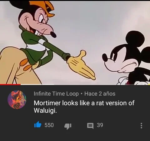 Mortimer Mouse's "Ha Cha Cha" — YouTube comment comparing Mortimer Mouse to a rat version of Waluigi, over a classic Mortimer and Mickey cartoon still