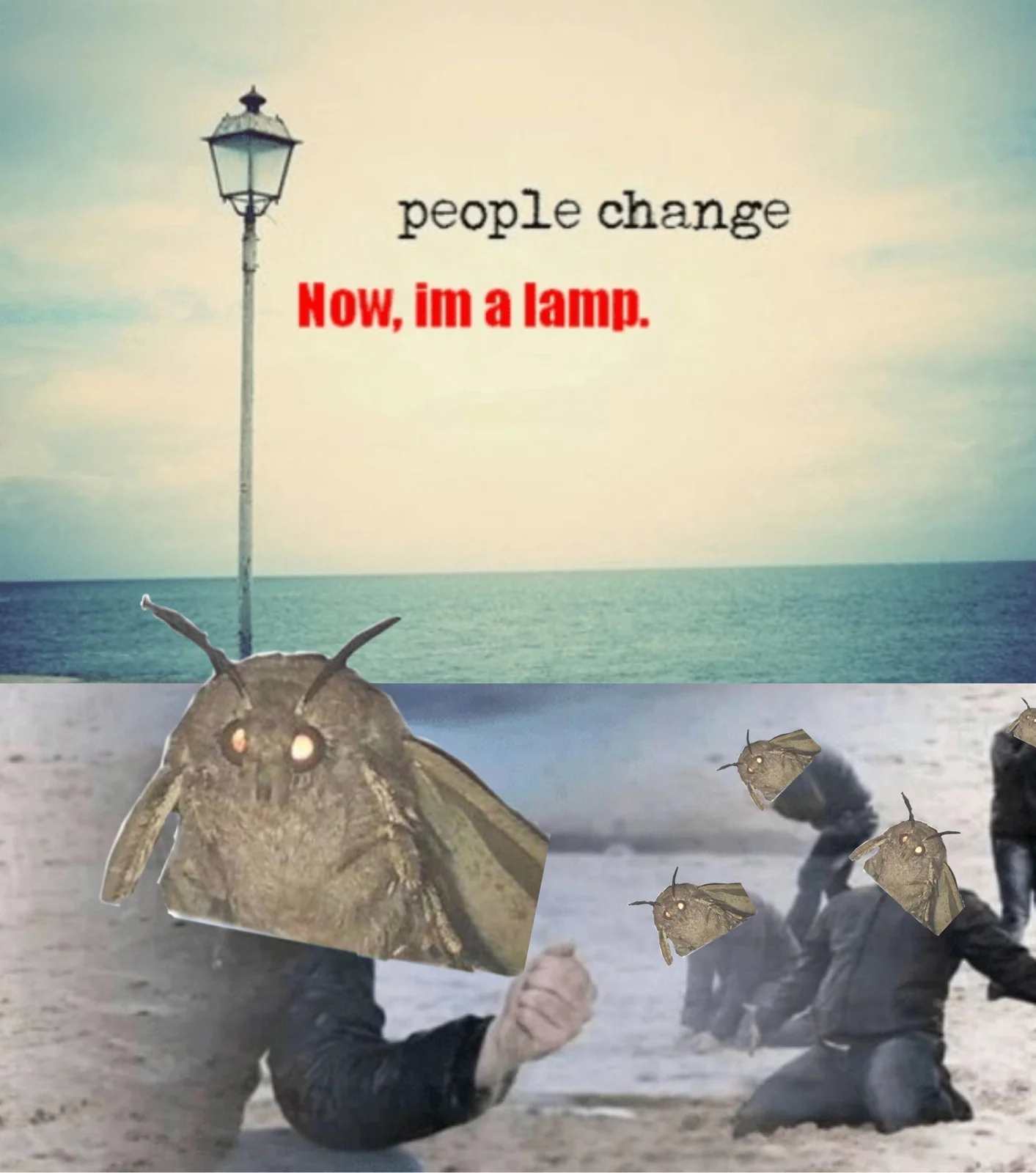Moth Lamp — Surreal composition with human heads replaced by moths on beach with inevitability text.