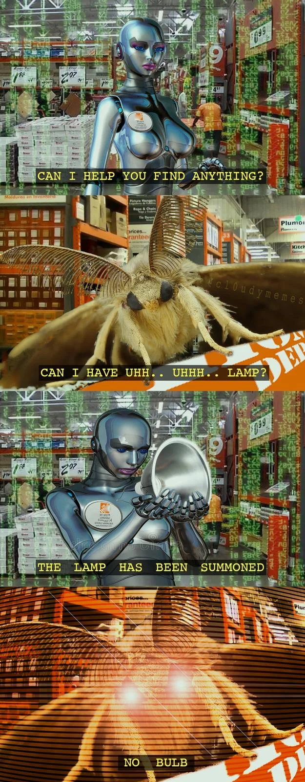 Multi-panel meme featuring Halo Cortana with underlying moth lamp obsession narrative.