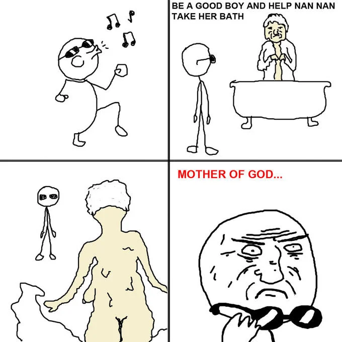 Four panel rage comic about helping grandma bathe ending with Mother of God reaction