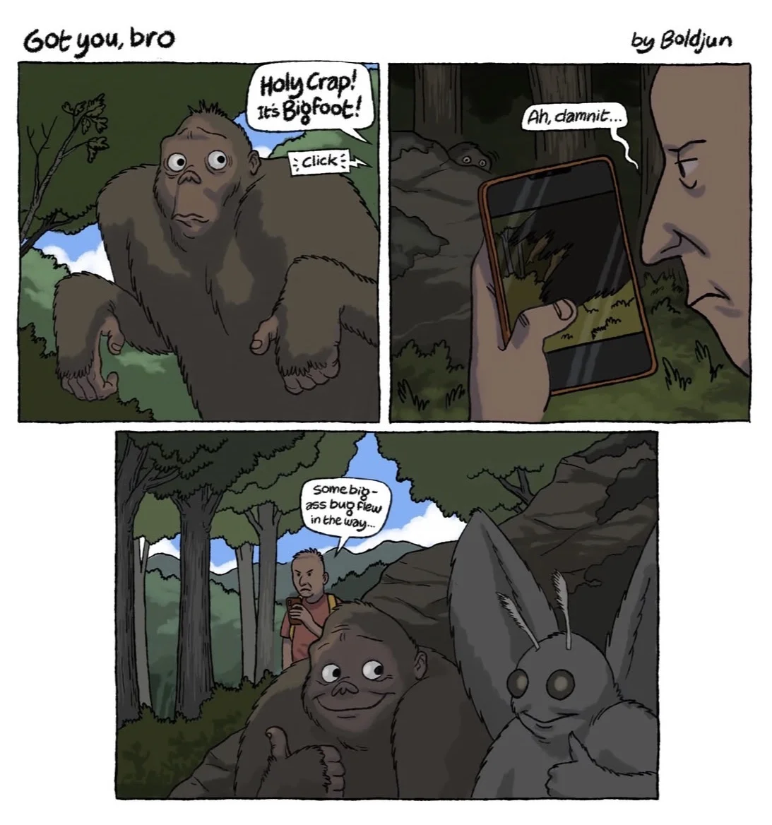 Mothman/Owlman — Comic showing Bigfoot posing for a photo interrupted by Mothman photobomb
