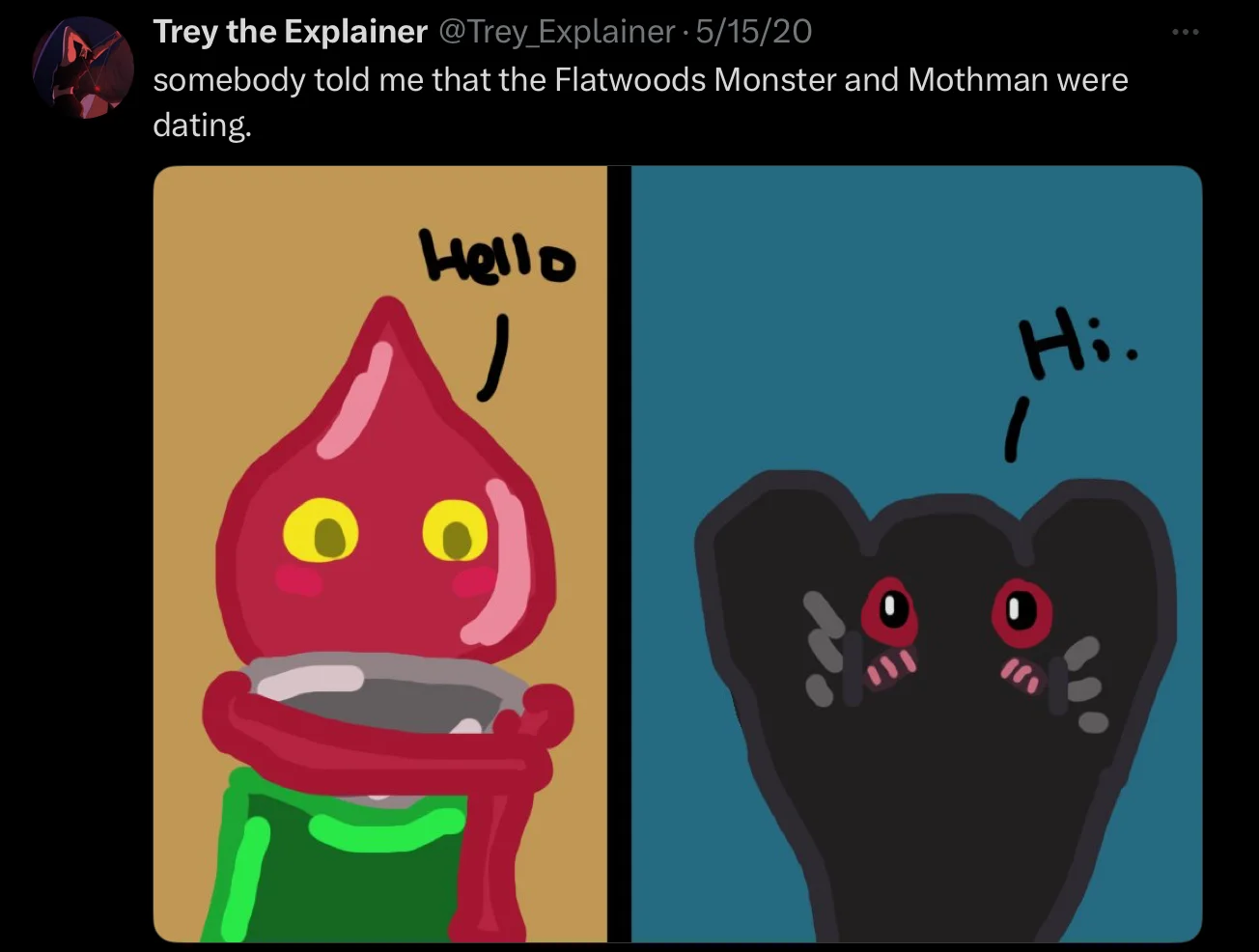 Mothman/Owlman — Cartoon of Flatwoods Monster and Mothman greeting each other as a dating couple