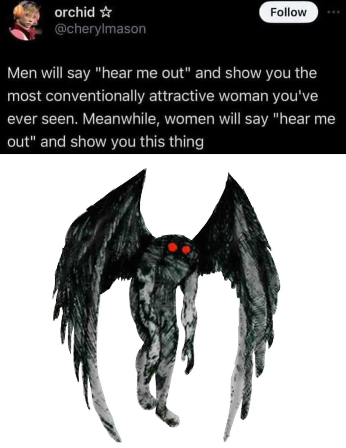 Mothman/Owlman — Tweet joking about women showing Mothman as a hear-me-out choice