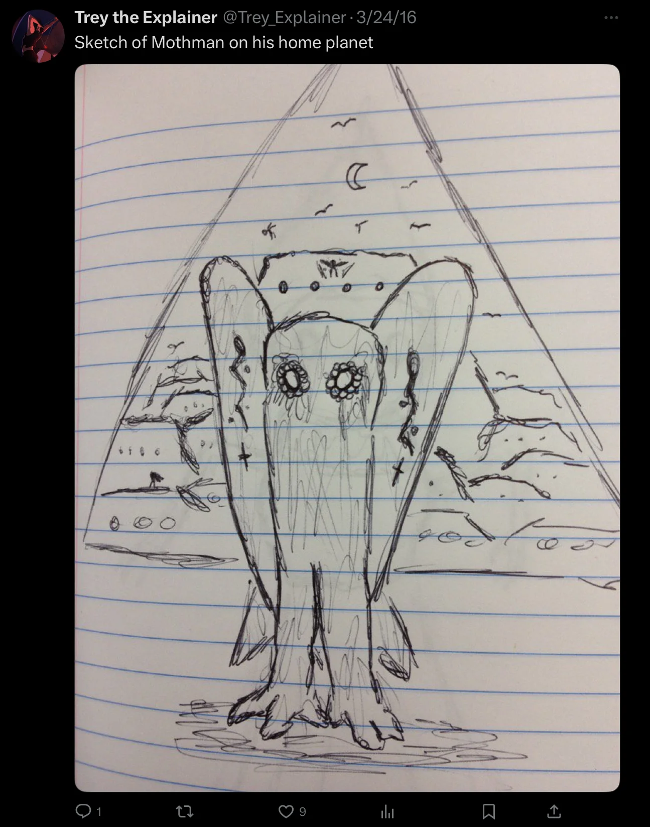 Mothman/Owlman — Tweet with pen sketch of Mothman standing on his home planet