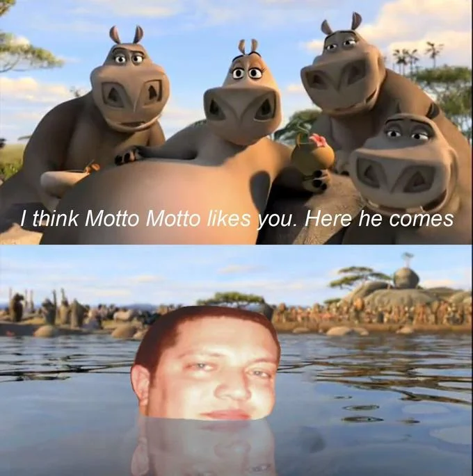 Two-panel Moto Moto meme with a man's face pasted over the hippo in the water