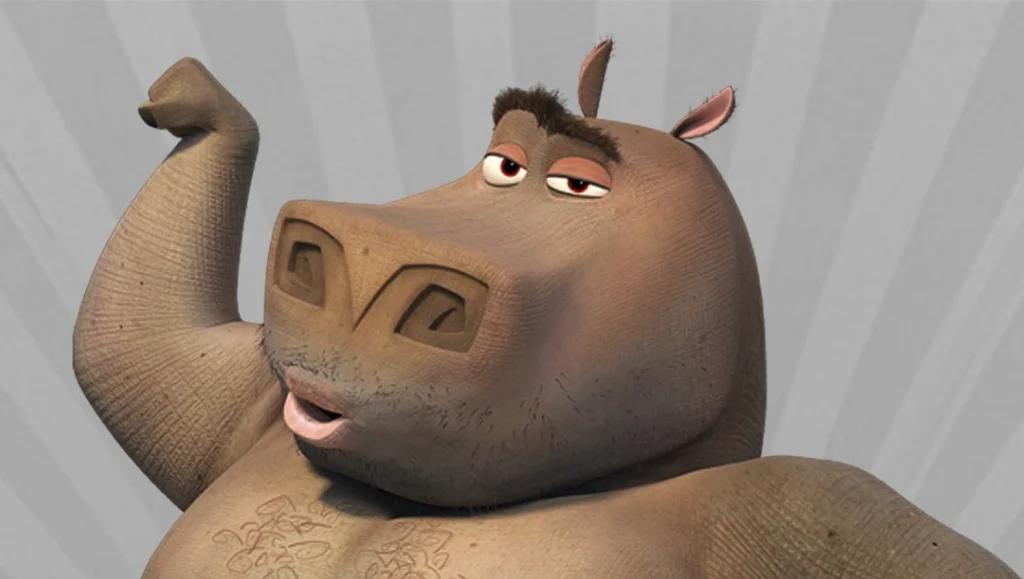 Moto Moto the hippo from Madagascar flexing his bicep with a smug smirk