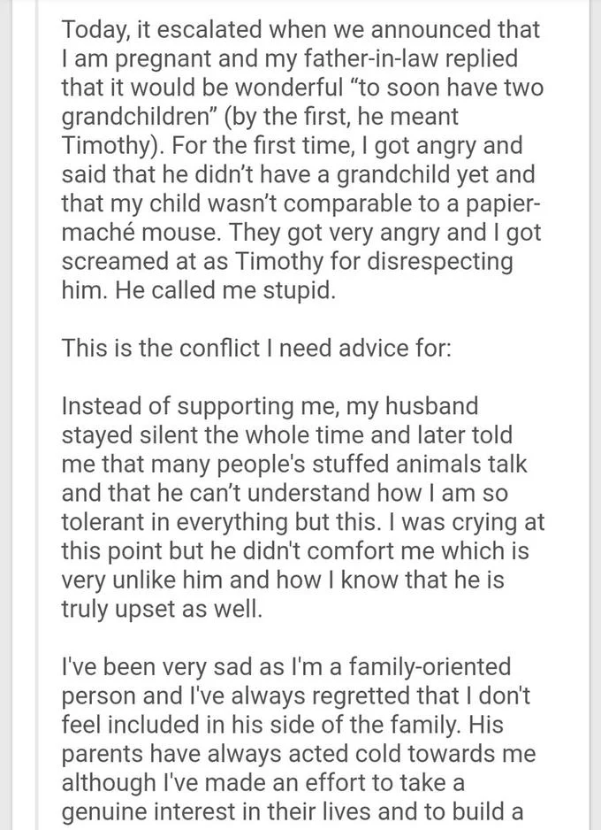 Mouse Figurine In Laws Story — Screenshot of the escalation part of the Reddit in-laws mouse post