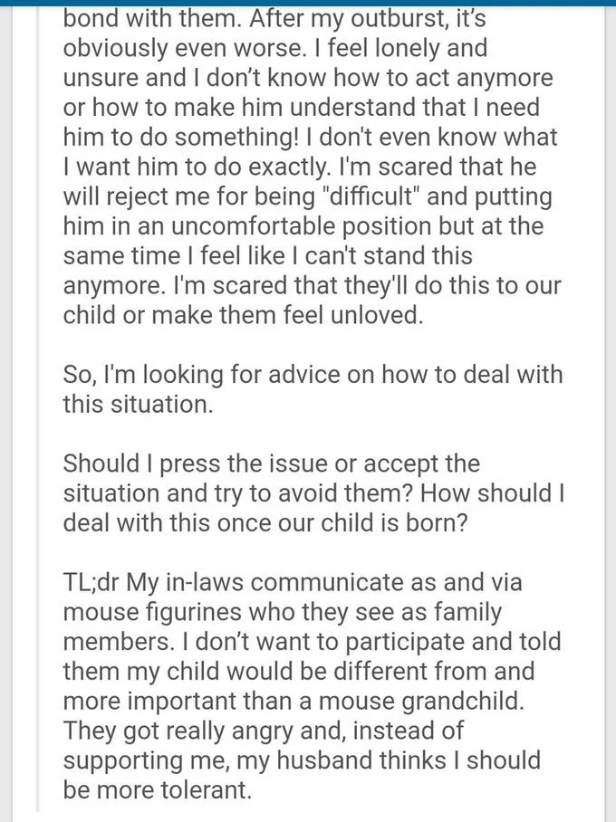 Mouse Figurine In Laws Story — Screenshot of the TL;DR conclusion of the mouse figurine in-laws Reddit post
