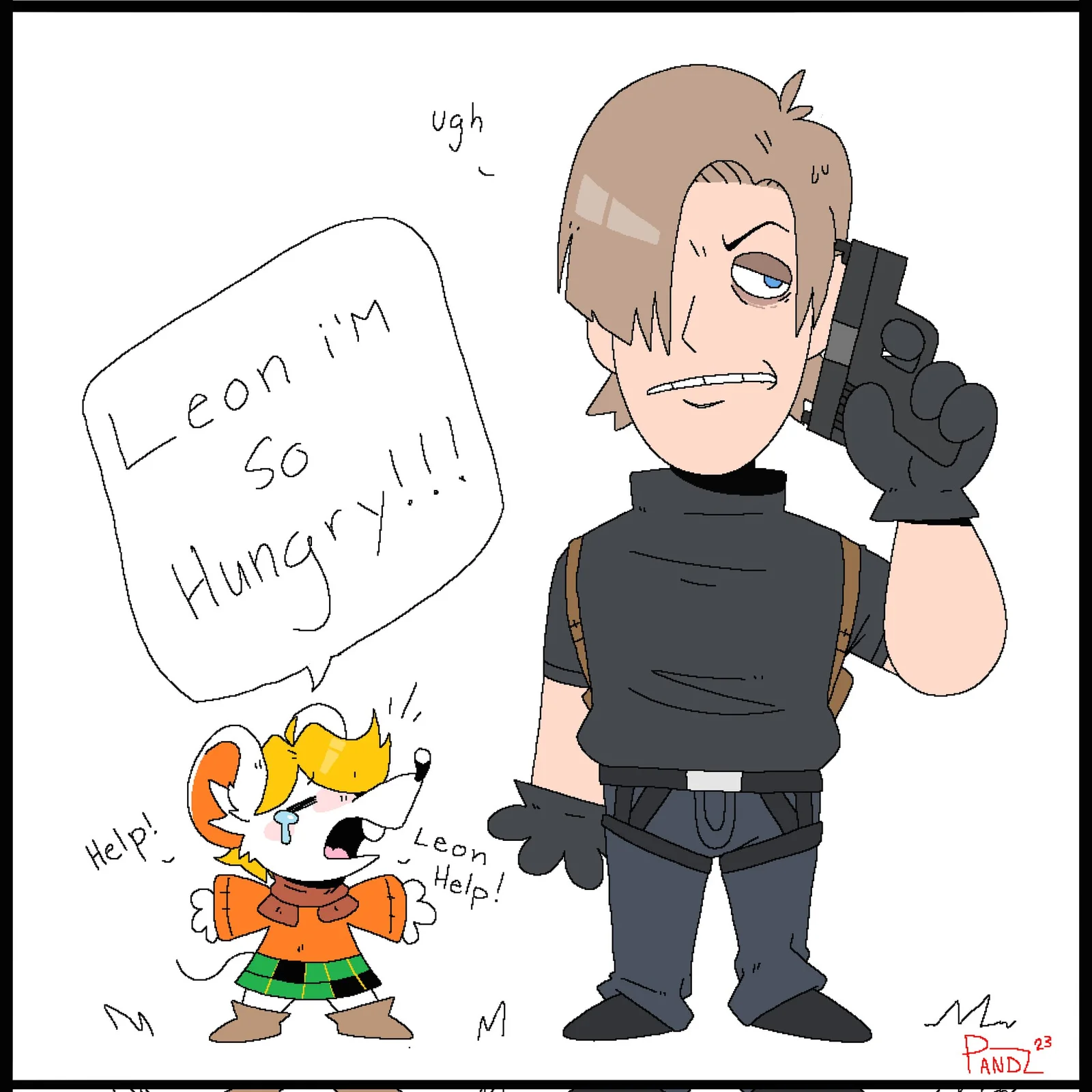 Comic illustration depicting dramatic size difference between Leon and tiny Moushley.