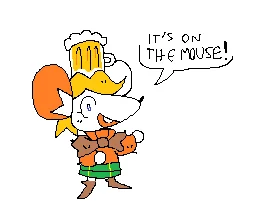 Clean illustration of Moushley with speech bubble 'IT'S ON THE MOUSE!'