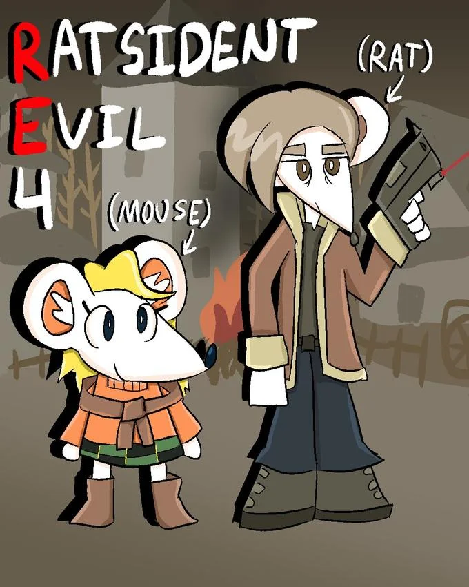 Moushley — Creative parody title card labeling left as 'RAT RESIDENT' and right as 'EVIL 4 MOUSE'