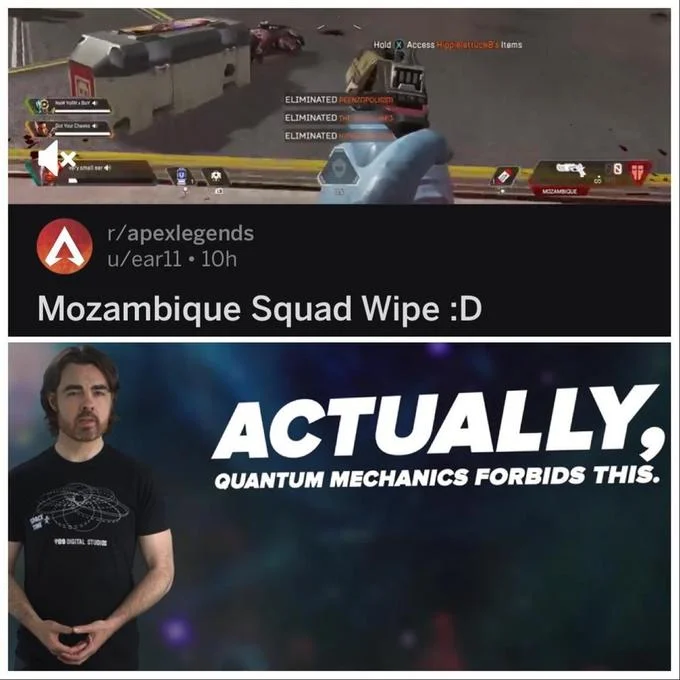 Mozambique Shotgun — Reddit post 'Mozambique Squad Wipe' with 'quantum mechanics forbids this' reaction
