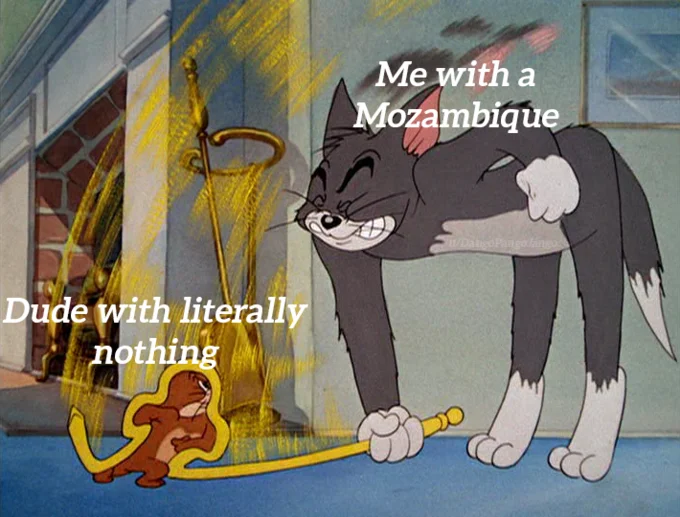 Mozambique Shotgun — Tom and Jerry meme with Tom labeled 'Me with a Mozambique' losing to Jerry