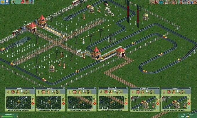 RollerCoaster Tycoon 2 screenshot of Mr. Bones' Wild Ride with all guests trapped on the ride