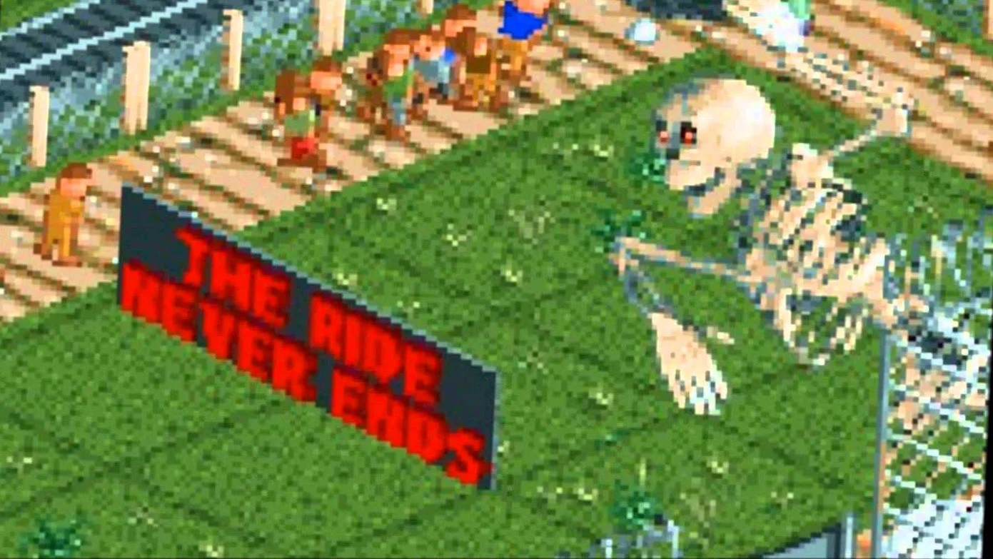 Mr. Bones' Wild Ride — Giant skeleton beside RollerCoaster Tycoon 2 track with 'The Ride Never Ends' sign