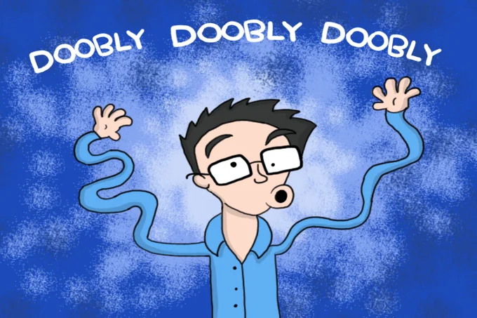 Cartoon drawing of Mr. Caffeine with noodle arms and the text 'DOOBLY DOOBLY DOOBLY' above him