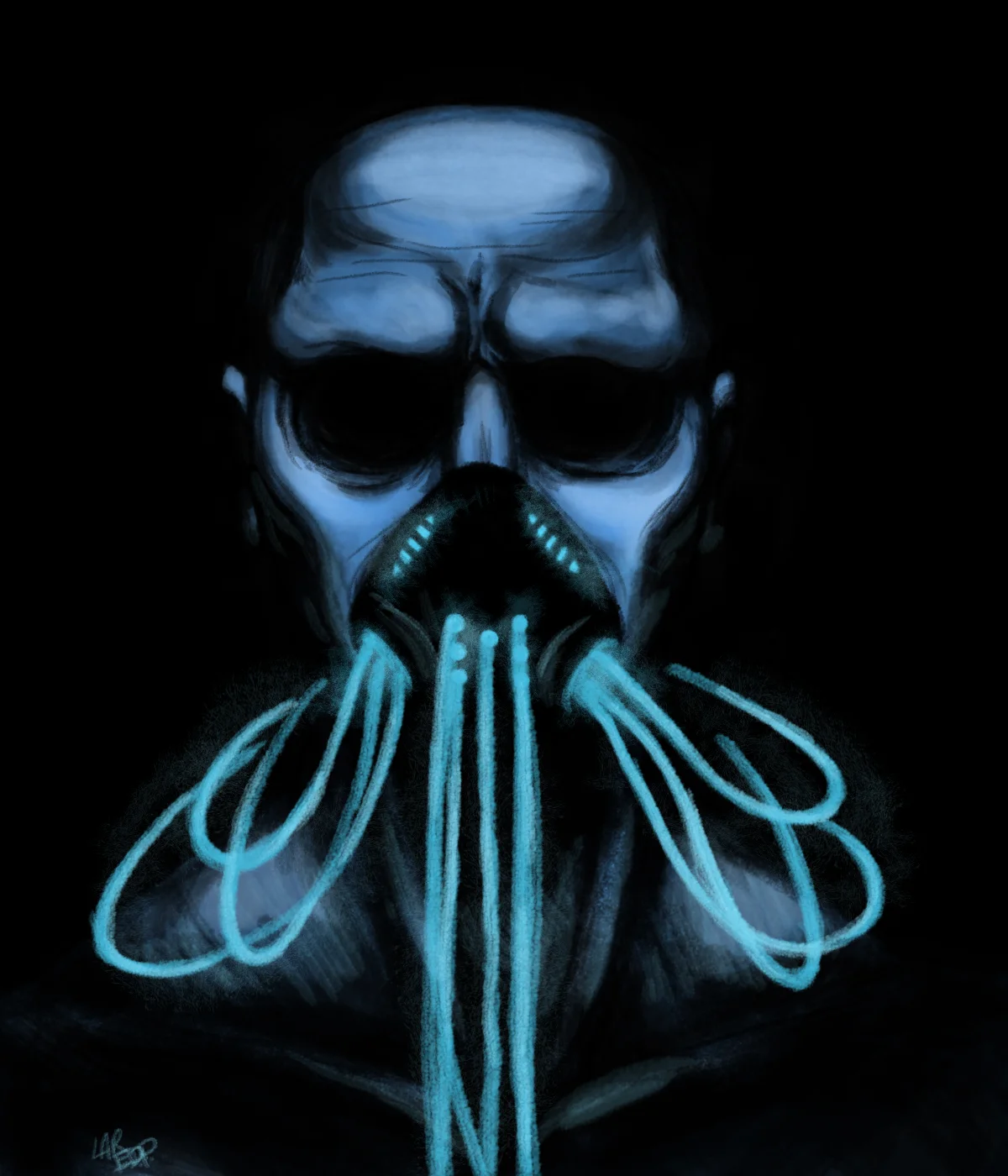 Dark digital painting of Mr. Creepypasta with glowing blue tendrils flowing from his masked mouth