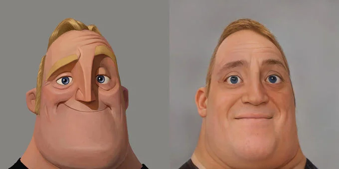 Mr Incredible Becoming Uncanny — Minimalist two-panel template of normal Mr Incredible face and grotesquely distorted uncanny version.
