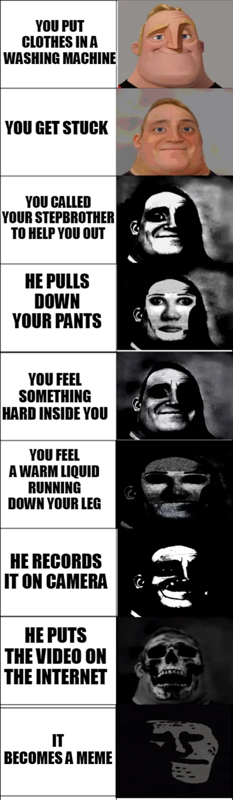 Mr Incredible Becoming Uncanny — Vertical progression meme showing Mr Incredible increasingly distorted from normal to grotesque with descriptive text.