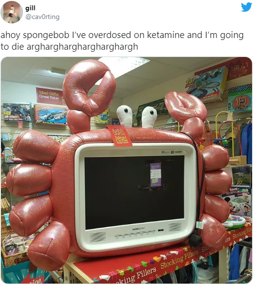 Mr Krabs Overdoses On Ketamine — Tweet showing inflatable Mr. Krabs TV in a store with the ketamine overdose caption