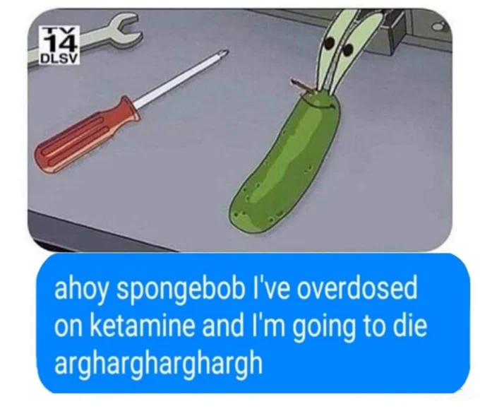 Mr Krabs Overdoses On Ketamine — SpongeBob pickle scene with iMessage ketamine overdose text