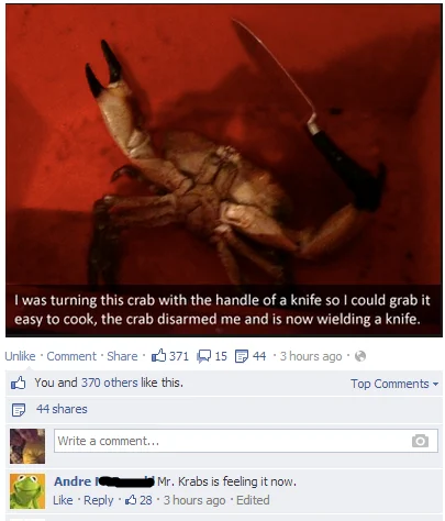 Facebook post of a crab holding a knife with a Mr. Krabs comment