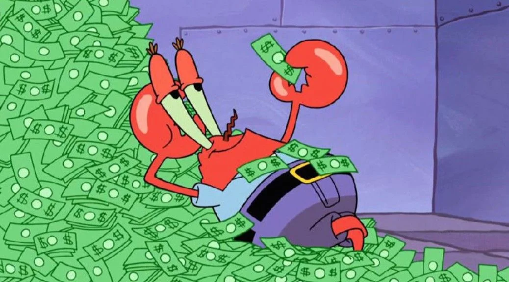 Mr. Krabs cartoon character sitting in a giant pile of money