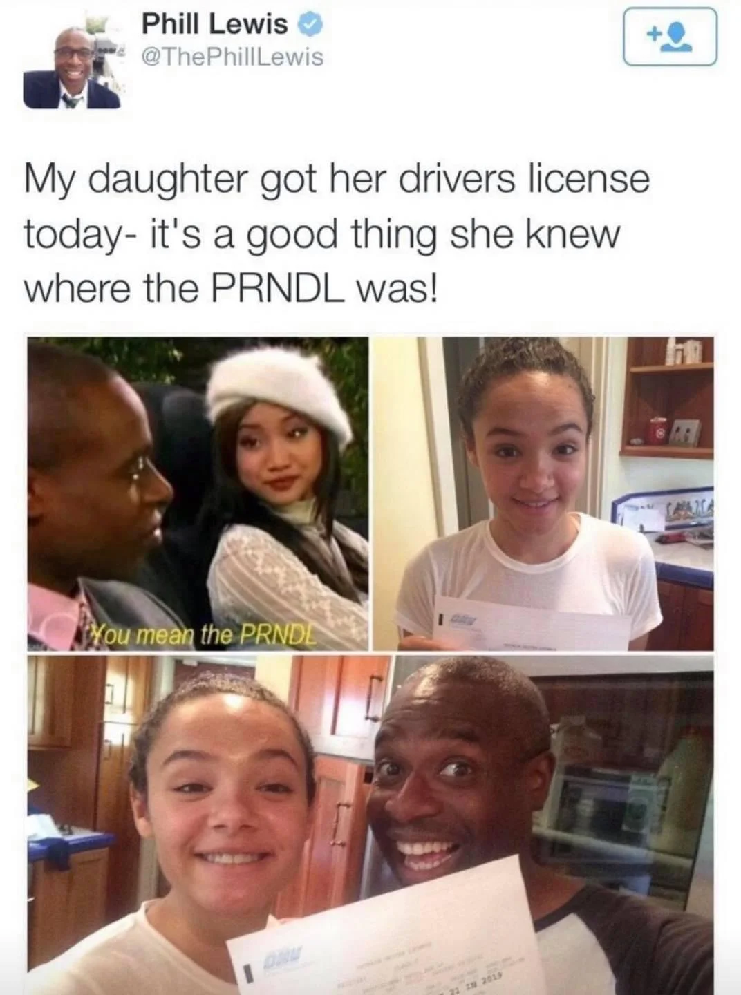 Mr. Moseby Driving Lesson — Tweet from Phill Lewis about his daughter's drivers license referencing the PRNDL