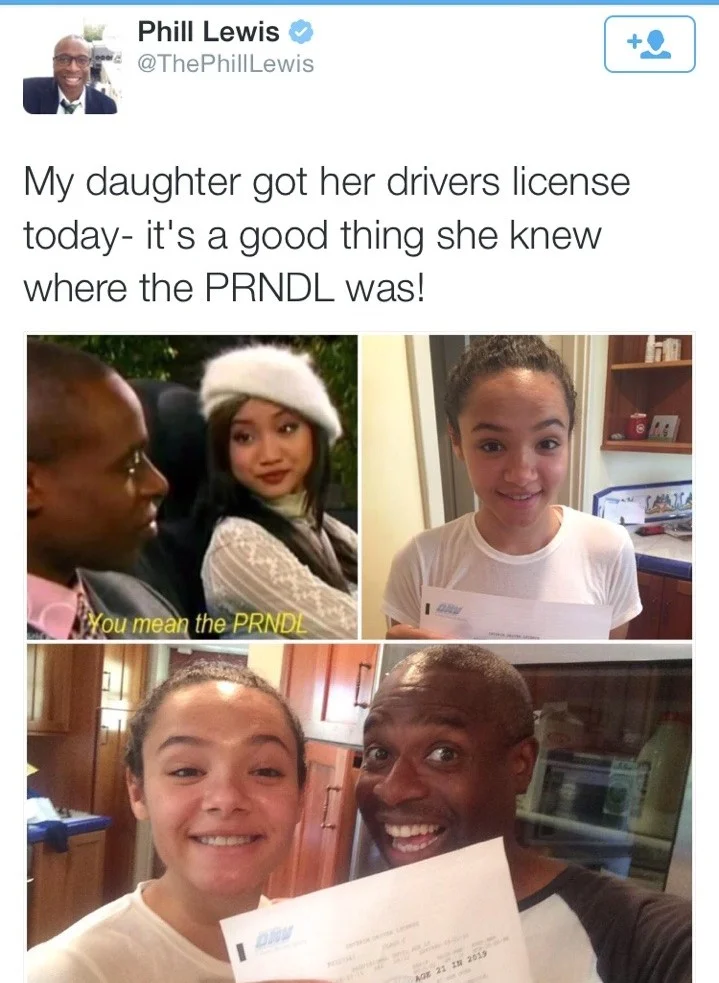 Mr. Moseby Driving Lesson — Phill Lewis tweet screenshot about daughter's driving license and PRNDL reference