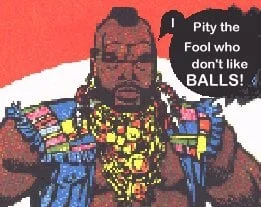 Mr T Ate My Balls — Pixelated digital illustration of Mr. T in vibrant colors with speech bubble meme humor.