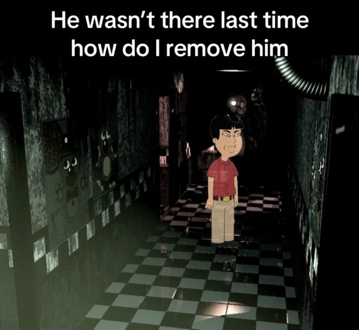 Mr Washee Washee How Do I Get Him Off — Mr. Washee Washee inserted into a Five Nights at Freddy's hallway scene