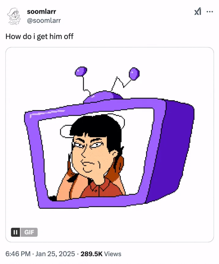 Mr Washee Washee How Do I Get Him Off — Tweet by @soomlarr showing pixel-art Mr. Washee Washee in a retro TV